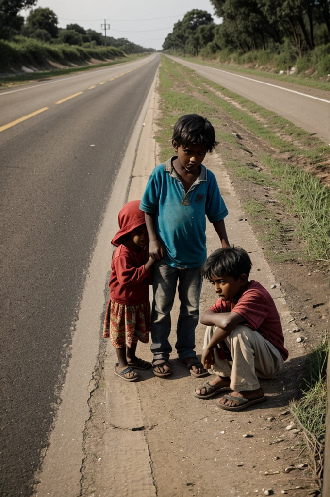 There are destitute children on the side of the road.