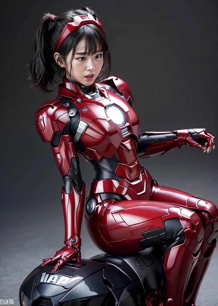 Female Iron Man(Red and Black)、shine、Shortcuts、Textured skin, Super detailed, Attention to detail, high quality, 最high quality, High resolution, 1080P, hard disk, beautiful,(Gundam),beautifulサイボーグ女性,Mecha Cyborg Girl,Battle Mode,Woman with a mechanical body,Full Body Shot、Visor of close-fitting headgear opens、I can see your true face　Painful expression　Expression of bitterness、Sweaty face、、Squint your eyes、、humid、Soaking wet、、Steam coming out of the head、Spread your legs、Embarrassed face、Open your mouth、Hold your face　Boyish black hair　Short-haired　Soaking wet　(Lie on your back with your arms and legs spread apart) (emergency) Steam rises from the whole body