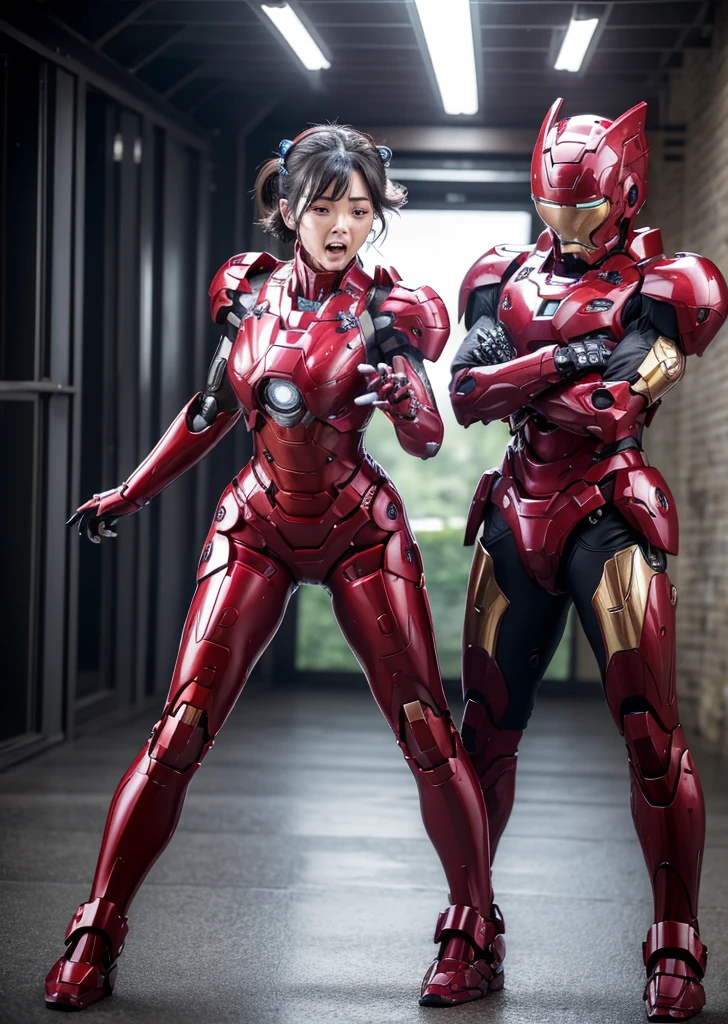 Female Iron Man(Red and Black)、shine、Shortcuts、Textured skin, Super detailed, Attention to detail, high quality, 最high quality, High resolution, 1080P, hard disk, beautiful,(Gundam),beautifulサイボーグ女性,Mecha Cyborg Girl,Battle Mode,Woman with a mechanical body,Full Body Shot、Visor of close-fitting headgear opens、I can see your true face　Painful expression　Expression of bitterness、Sweaty face、、Squint your eyes、、humid、Soaking wet、、Steam coming out of the head、Spread your legs、Embarrassed face、Open your mouth、Hold your face　Boyish black hair　Short-haired　Soaking wet　(Lie on your back with your arms and legs spread apart) (emergency) Steam rises from the whole body