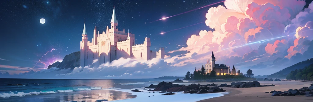 castle, flower, delicate scene, sky, white clouds, and the sun shines on the snow-white beach.. bird, pink flower and bright big shells, crystal diamond, on the beach, Fantasy, night sky, moon, smoke, electricity, photograph, HD, 8K, UHD, Awesome details, High quality, 1080P