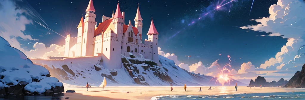 castle, flower, delicate scene, sky, white clouds, and the sun shines on the snow-white beach.. bird, pink flower and bright big shells, crystal diamond, on the beach, Fantasy, night sky, moon, smoke, electricity, photograph, HD, 8K, UHD, Awesome details, High quality, 1080P  