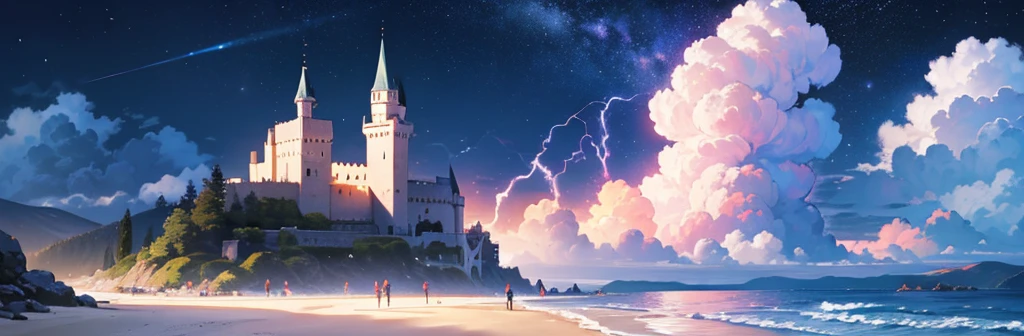 castle, flower, delicate scene, sky, white clouds, and the sun shines on the snow-white beach.. bird, pink flower and bright big shells, crystal diamond, on the beach, Fantasy, night sky, moon, smoke, electricity, photograph, HD, 8K, UHD, Awesome details, High quality, 1080P