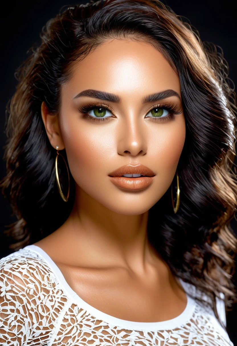 A photorealistic portrait of a insanelybeautiful tanned Brazilian woman with light make-up, extremely detailed light honey eyes, detailed symmetric realistic face, extremely detailed natural texture, peach fuzz, messy windy hair, masterpiece, absurdres, award winning photo by Francesco Scavullo, nikon d850 film stock photograph, kodak portra 400 camera f1.6 lens, extremely detailed, amazing, fine detail, rich colors, hyper realistic lifelike texture, dramatic lighting, unrealengine, trending on artstation, cinestill 800 tungsten, looking at the viewer, photo realistic, RAW photo, TanvirTamim, high quality, highres, sharp focus, extremely detailed, cinematic lighting, 8k uhd