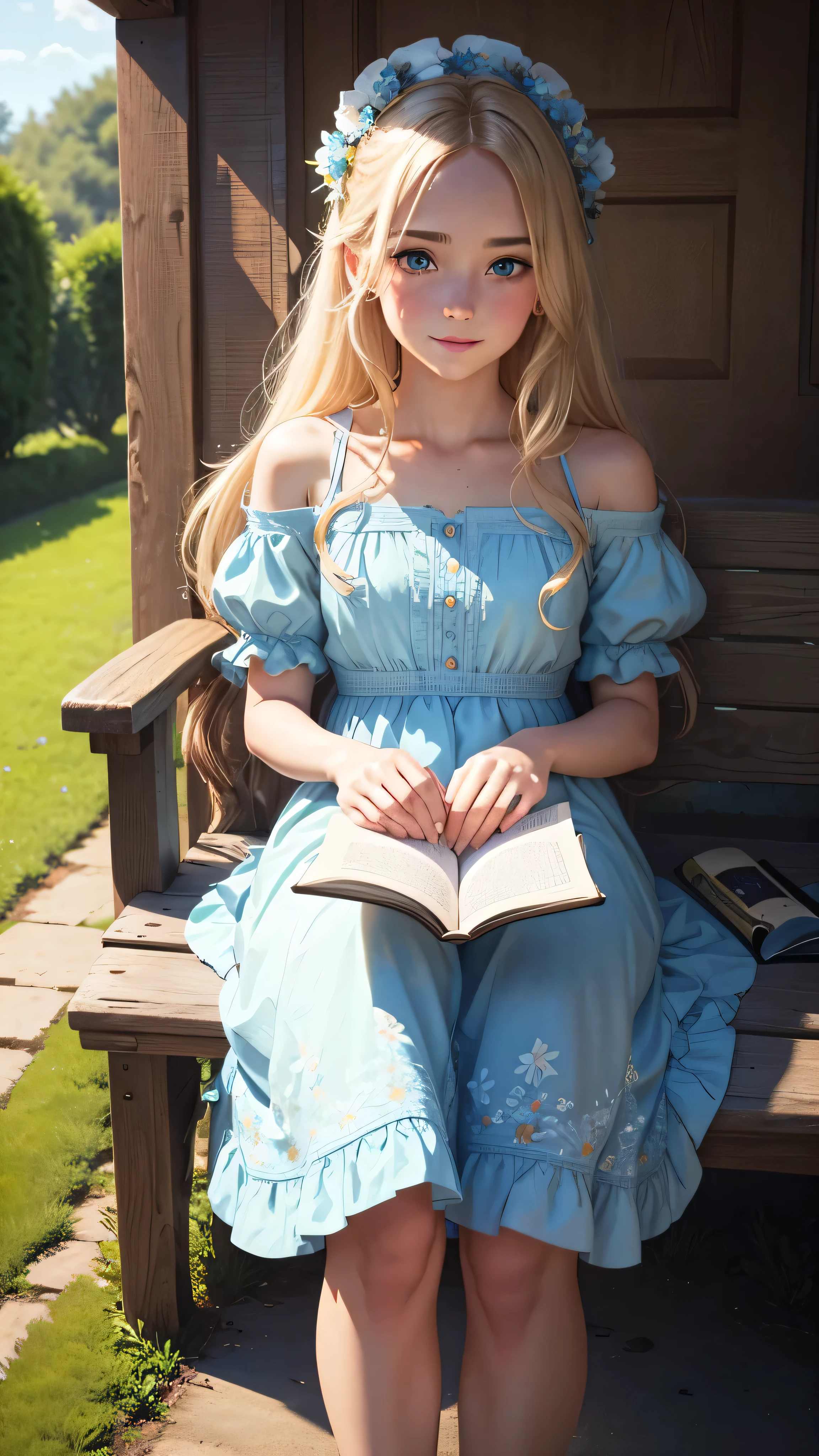 A beautiful blond girl with very long hair named Lily sits on the porch of a quaint countryside house, reading a book. Her sparkling blue eyes reflect the joy of discovering new stories. She wears a light blue dress adorned with small flowers. The sun is shining, and the garden is filled with colorful flowers and lush green grass. (good quality:1.2), (Ultradetailed:1.2), (ultradetailed face:1.2), (ultradetailed body:1.2)