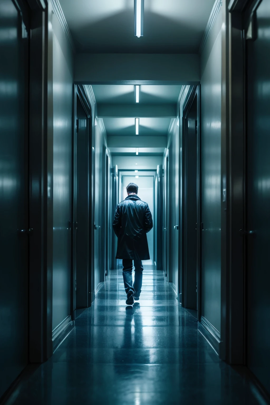 Create an intriguing scene: a lone man walking down a dark corridor, illuminated only by a mysterious blue light. Ahead of him, multiple doors stretch out, each representing a crucial choice. The man hesitates, gazing at the doors, while the corridor seems to extend infinitely.