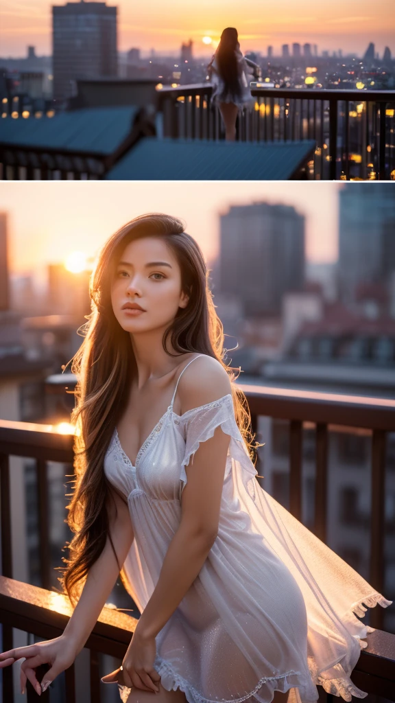 ((Masterpiece in maximum 16K resolution)), ((soft_color_photograpy)), ((Ultra-Detailed)), ((Movie-like still images and dynamic angles)), ((motion blur)), ((Ultra wide angle)), ((fisheye lens photo)). | ((A high-resolution, beautiful woman, wearing a fluttering nightgown, standing on a balcony, sunset sky, detailed facial features, long flowing hair, elegant pose)), ((fluttering night gown)), ((penthouse balcony)), ((motion blur)), ((supermodel beauty)), ((majestic beauty atmosphere), (shimmer), (visual experience), (Realism), (Realistic), award-winning graphics, dark shot, film grain, extremely detailed, Digital Art, rtx, Unreal Engine, scene concept anti glare effect, All captured with sharp focus. Rendered in ultra-high definition with UHD and retina quality, this masterpiece ensures anatomical correctness and textured skin with super detail.