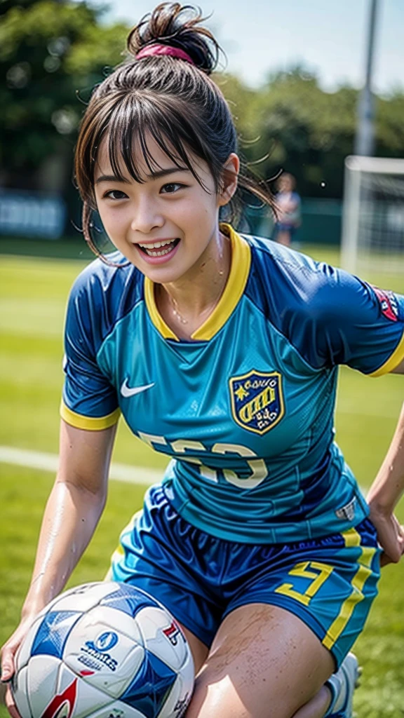 Highest quality, High resolution:1.2, Super detailed, Realistic:1.3, ((Beautiful woman))、Ultra tight uniform、Big Breasts、Vibrant colors, play soccer,((blunt bangs))、Has bangs、Wet Hair, Concentration, Splash, Action Shots, Grass blotches, Muddy ground, Wet turf, Decide, Fast-paced games, Athletic physique, Shiny soccer ball, Wet Uniform, raindrop, Blurred motion, Focus on the ball, Intense competition, Skillful dribbling, Energetic play, Teamwork, powerful shoots, Wet pitch, Passionate sports, Fierce Decide, Humid atmosphere, Fluid movement, emotional expression, Difficult conditions, Dramatic lighting, Women's Sports, Avid athletes, Exciting Games, endure, Excited state, Speed and agility, Energetic play, 濡れたSplash、smile、