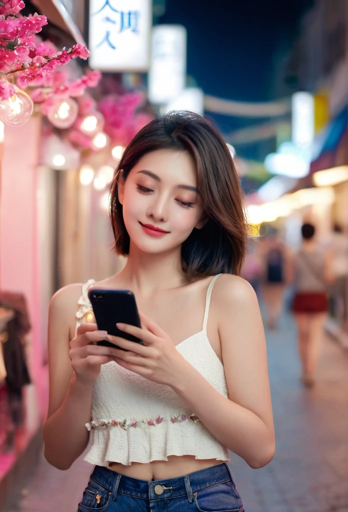 Beautiful woman, street at night with lights, fiddling with smartphone, hot pants, fragrant pink flowers, passers-by, gradation of night scene, fine details, subtle tones, tranquility floating on the screen.