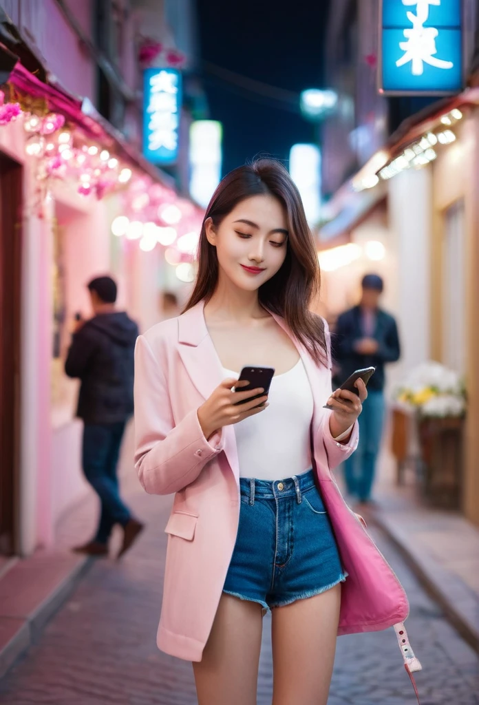 Beautiful woman, street at night with lights, fiddling with smartphone, hot pants, fragrant pink flowers, passers-by, gradation of night scene, fine details, subtle tones, tranquility floating on the screen.  