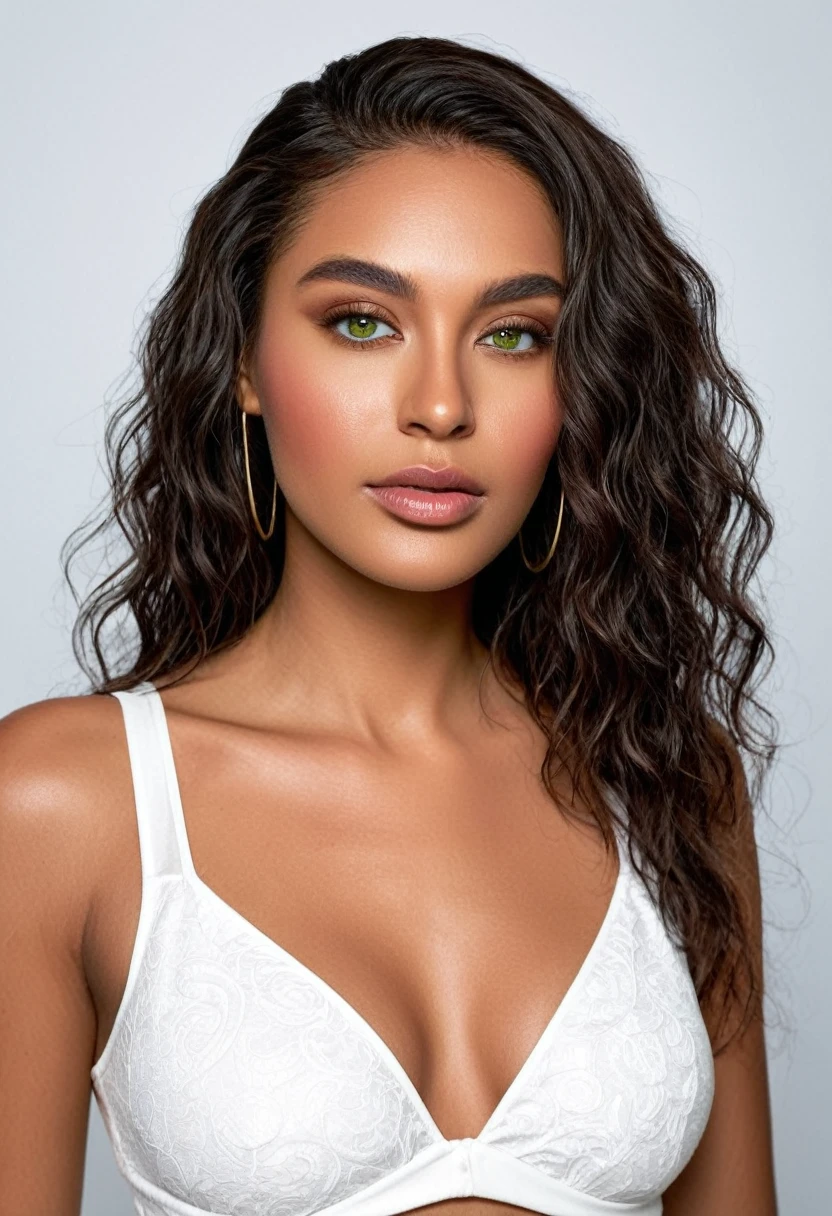 Sexy woman in a white top and white short shorts posing for a photo in a photo studio. a beautiful woman, beautiful Latin face, Brazilian supermodel, stunning, stunning beauty, Angolan descent, most beautiful woman in the world, jaw-dropping beauty, young adult 30 years old, She has an exotic beauty, native Brazilian, tall woman, a stunning black African woman, with indigenous features, beautiful indigenous girl, ((An indigenous African girl with European ebony)), ((her beauty is undeniable)), beautiful young black woman with dark skin, tanned Mexican. *hair: Curly black hair with brown highlights, Voluminous black hair with brown highlights, vibrant and dynamic cut with soft waves. *eyes: green and expressive eyes, beautiful green eyes, realistic green eyes, detailed green eyes, ultra realistic, symmetrical, hyper realistic, (eyeliner, long eyelashes), intense and penetrating look, seductive, mysterious and charming look, magnetism look, attraction and fascination. * Eyebrows: Perfect eyebrows that arch gracefully above the eyes and are thick. * the nose is small and proportional to the face and the soft contour of the face that accentuates the high cheekbones. *Mouth: Attractive and irresistible mouth, well-defined lips, full lips, voluminous lips, seductive lips, captivating, striking, unforgettable, mischievous, sexy, your features are captivating, seductive expression, a seductive smile is enigmatic *Face shape: O the face is oval, with high cheekbones and a well-defined chin, a beautiful and detailed face. *Makeup: Makeup is subtle, but highlights natural features. Skin Tone: Olive skin, healthy and even glow, with olive skin, dark skin, sexy girl with olive skin, detailed skin texture, beautiful and glowing skin, intricate details, smooth skin, healthy and radiant appearance. *body: attractive and slim woman, medium bust, athletic, thin waist, wide hips, big butt, thick thighs, shapely legs. A woman posing for a photo in a studio, seductive pose.