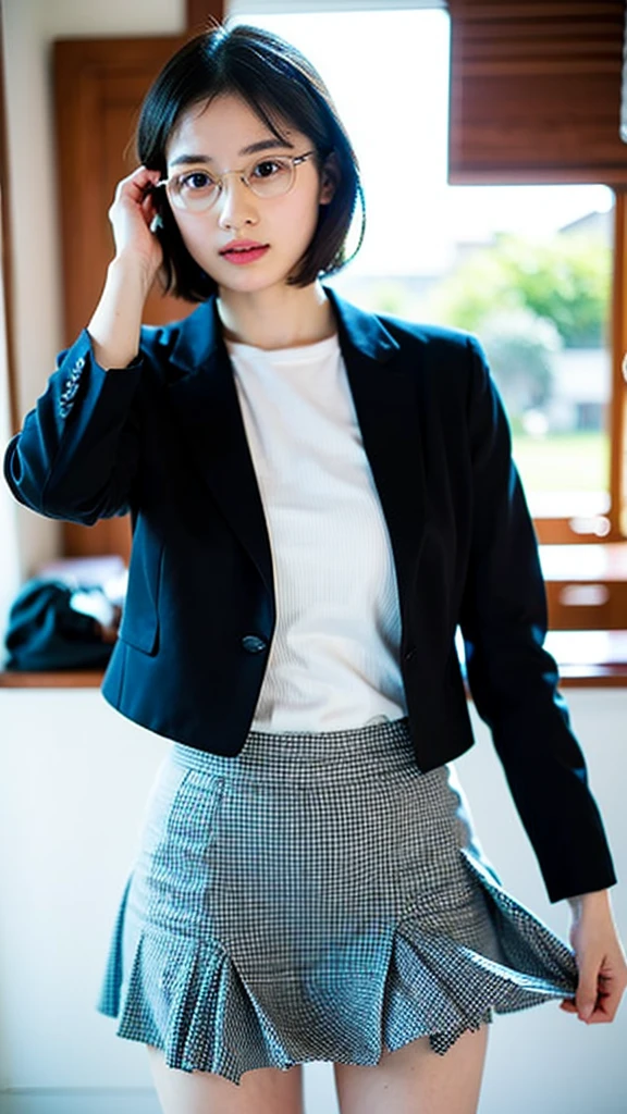 RAW photo, 1 girl, incredibly absurd, 20 years old, beautiful girl, (cute), (short hair), photo shoot, realistic, Depth of the bounds written, High resolution, Super detailed, delicate, very detailed, highly detailed eyes and face, sharp pupils, Realistic Office Lady, sharp focus, LED lighting, Eye and face details, (velvet blazer), mini skirt, cowboy shot full body, (wind lift:1.6), (Big breasts that are about to burst), reading a book, solo, environmental details, daylight, comfortable room, (focused face), (glasses: 1.1), (closed mouth), sharp eyes details, (open book: 1.1), casual clothes, (neat hair :1.2), calm atmosphere