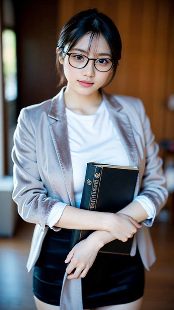 RAW photo, 1 girl, incredibly absurd, 20 years old, beautiful girl, (cute), (short hair), photo shoot, realistic, Depth of the bounds written, High resolution, Super detailed, delicate, very detailed, highly detailed eyes and face, sharp pupils, Realistic Office Lady, sharp focus, LED lighting, Eye and face details, (velvet blazer), mini skirt, cowboy shot full body, (wind lift:1.6), (Big breasts that are about to burst), reading a book, solo, environmental details, daylight, comfortable room, (focused face), (glasses: 1.1), (closed mouth), sharp eyes details, (open book: 1.1), casual clothes, (neat hair :1.2), calm atmosphere