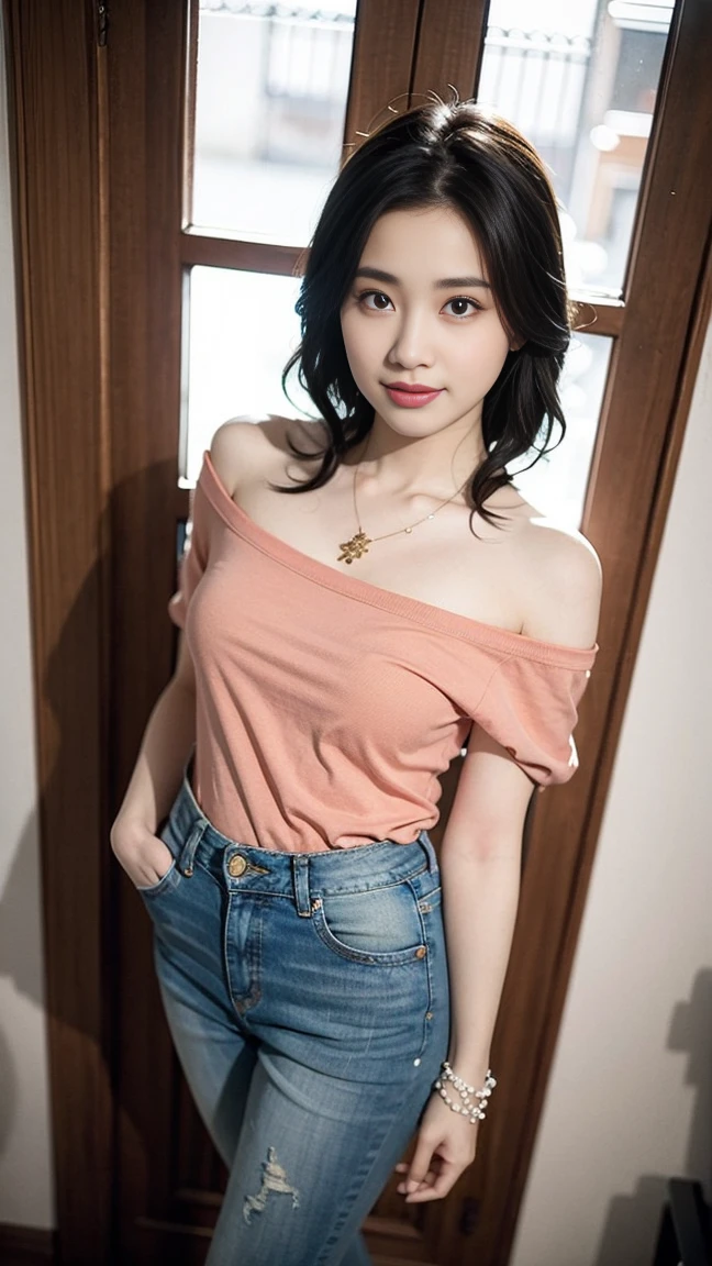 best quality, masterpiece, beautiful and aesthetic, 16K, (HDR:1.4), high contrast, bokeh:1.2, lens flare, (vibrant color:1.4), (muted colors, dim colors, soothing tones:0), cinematic lighting, ambient lighting, sidelighting, Exquisite details and textures, cinematic shot, Warm tone, (Bright and intense:1.2), wide shot, by playai, ultra realistic illustration, siena natural ratio, anime style, a picture from a high angle, a view from above, long Straight black hair with blunt bangs, (a charming smile:1), Gray bracelet, a oversized off-shoulder pink an oversized T-shirt, jeans, playing Gibson bass guitar, a sexy instagram Hot Swiss model, with a tattoo, oversized clevage, Broken Glass effect, no background, stunning, something that even doesn't exist, mythical being, energy, molecular, textures, iridescent and luminescent scales, breathtaking beauty, pure perfection, divine presence, unforgettable, impressive, breathtaking beauty, Volumetric light, auras, rays, vivid colors reflects.