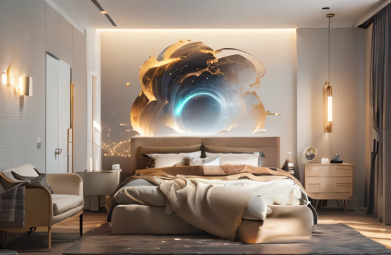 masterpiece, best quality, (extremely detailed CG unity 8k wallpaper), (best quality), (best illustration), (best shadow), absurdres, realistic lighting, (Abyss), beautiful detailed glow, modern bedroom style