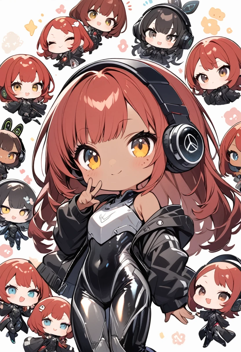 full body,1 girl,(cute:1.3),red Hair, left eye blue, right eye yellow, tan skin, freckles,｛White breastplate, Black futuristic headphones, Mechanical black glossy metallic Bodysuit, Bare shoulders, oversized jacket, Glossy, shiny material,chibi emote, chibi character, cute pose, peace sign
