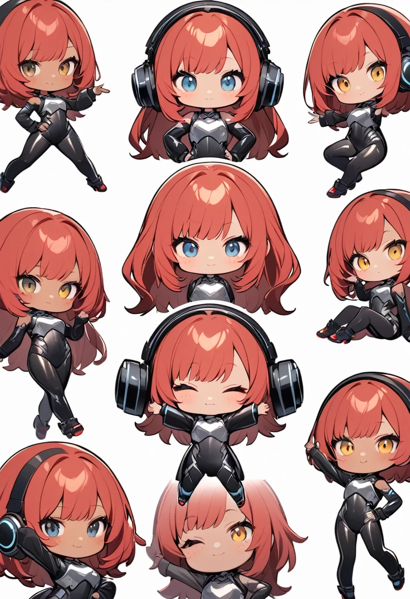 full body,1 girl,(cute:1.3),red Hair, left eye blue, right eye yellow, tan skin, freckles,｛White breastplate, Black futuristic headphones, Mechanical black glossy metallic Bodysuit, Bare shoulders, oversized jacket, Glossy, shiny material,chibi emote, chibi character, cute pose, peace sign
