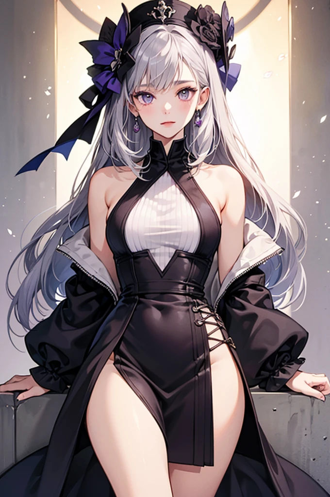 silver hair, Cheng'an, cat ears, navel, , neat black uniform, long straight hair, sleepy expression, very large breasts