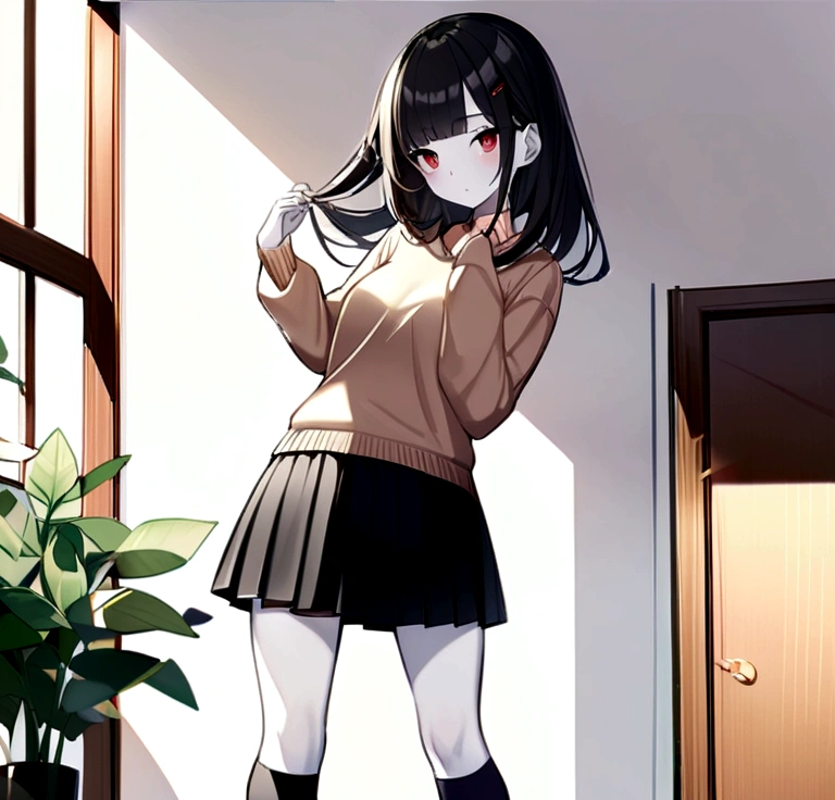 girl, long black hair with bangs, she has a barrette in her hair, Red eyes, slim, White skin, big chest, Skirt, black, long socks, shirt and sweater, angelic look