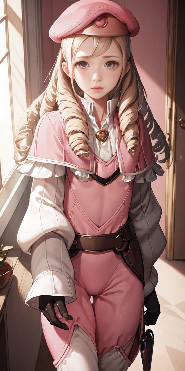 masterpiece, best quality, feforrest, otoko no ko, beret, pink capelet, pink tunic, white pants, brown gloves, upper body, looking at viewer, shy, from above, mansion, room, finely decorated room, pink theme