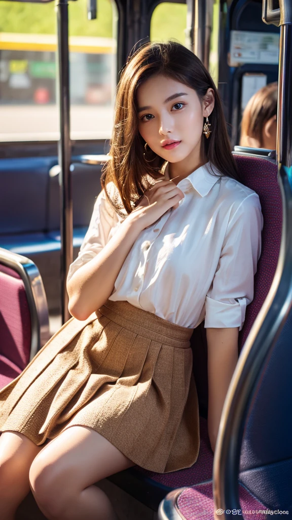 1girl with a skirt above knee length, an extremely detailed and realistic portrait, high quality, photorealistic, 8k, vivid colors, studio lighting, warm color tones, detailed facial features, piercing eyes, perfectly sculpted lips, delicate skin, flowing hair, beautiful expression, elegant posture, pleated skirt, waiting in bus stop, natural lighting, spotlights on face, intricate details, hyper-realistic, award-winning digital art, beautiful bright soft thighs, realistic skin, realistic face, Realistic beauty 