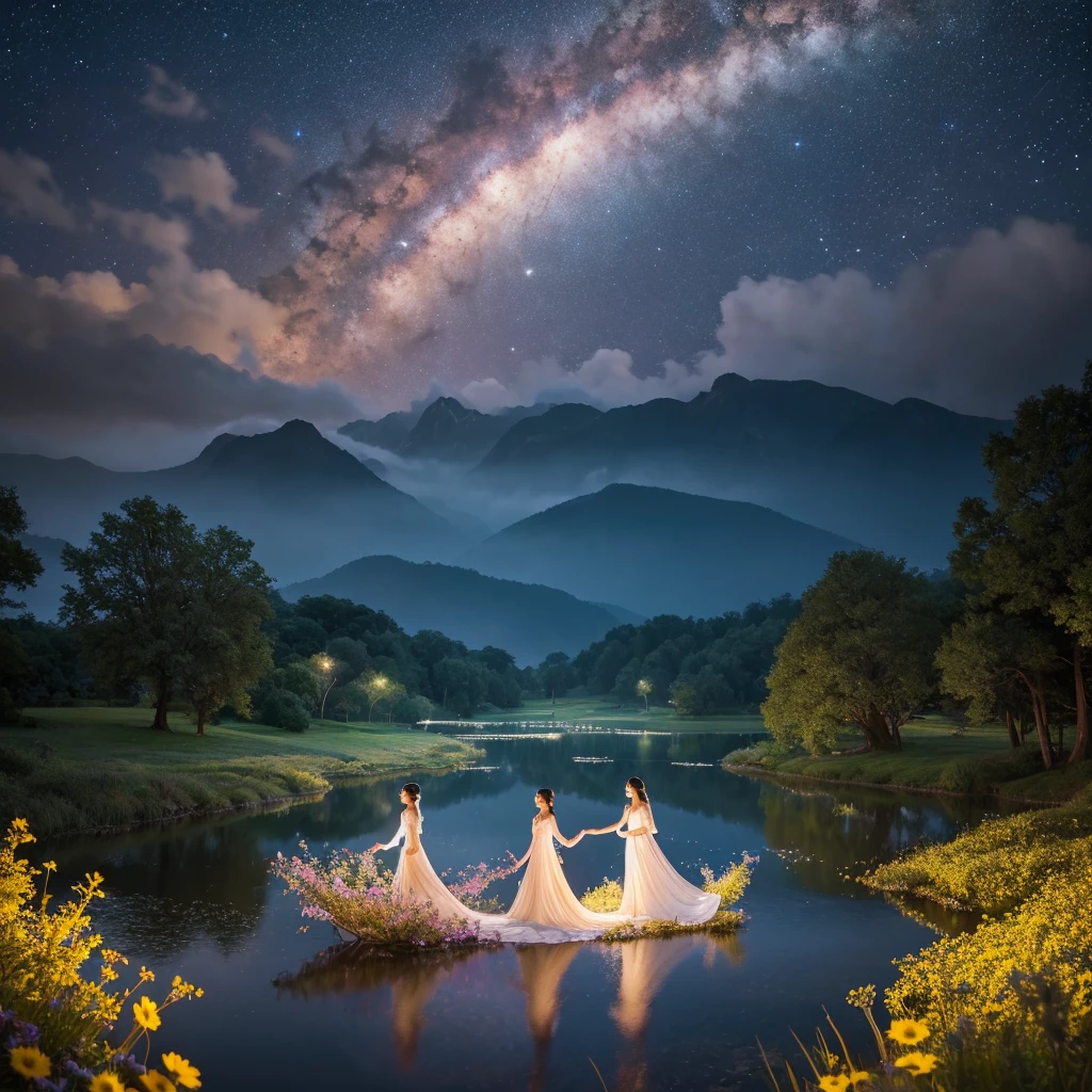 "A celestial landscape with three pretty, beautiful women floating gracefully. The scene is dreamy and serene, with light trails and star effects creating a heavenly atmosphere.