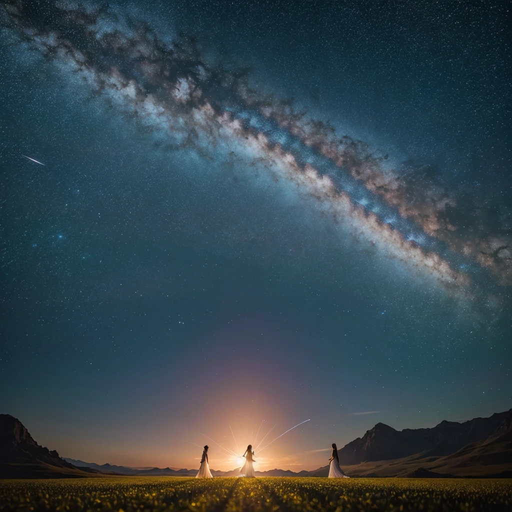 "A celestial landscape with three pretty, beautiful women floating gracefully. The scene is dreamy and serene, with light trails and star effects creating a heavenly atmosphere.
