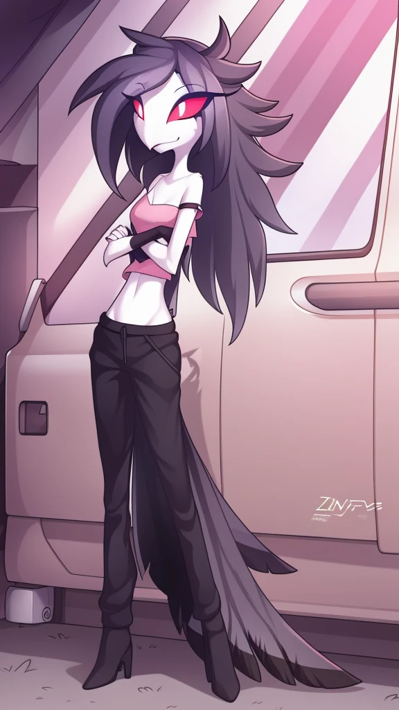 by zinfyu, detailed background, octavia \(helluva boss\), owl demon, grey body, red sclera, white eyes, white face, tail feathers, octaviagoetia, female, solo, octaviasweater, pink crop-top, sweatpants, cowboy shot, full-body view, high heels