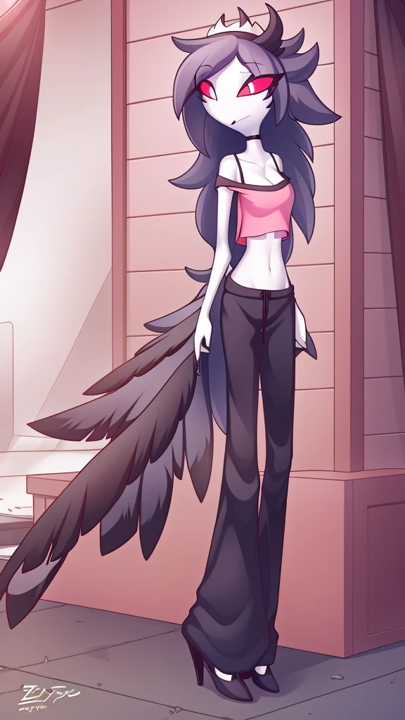 by zinfyu, detailed background, octavia \(helluva boss\), owl demon, grey body, red sclera, white eyes, white face, tail feathers, octaviagoetia, female, solo, octaviasweater, pink crop-top, sweatpants, cowboy shot, full-body view, high heels