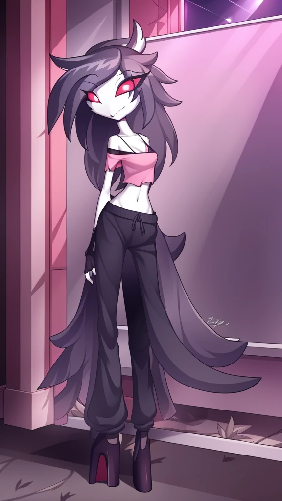by zinfyu, detailed background, octavia \(helluva boss\), owl demon, grey body, red sclera, white eyes, white face, tail feathers, octaviagoetia, female, solo, octaviasweater, pink crop-top, sweatpants, cowboy shot, full-body view, high heels