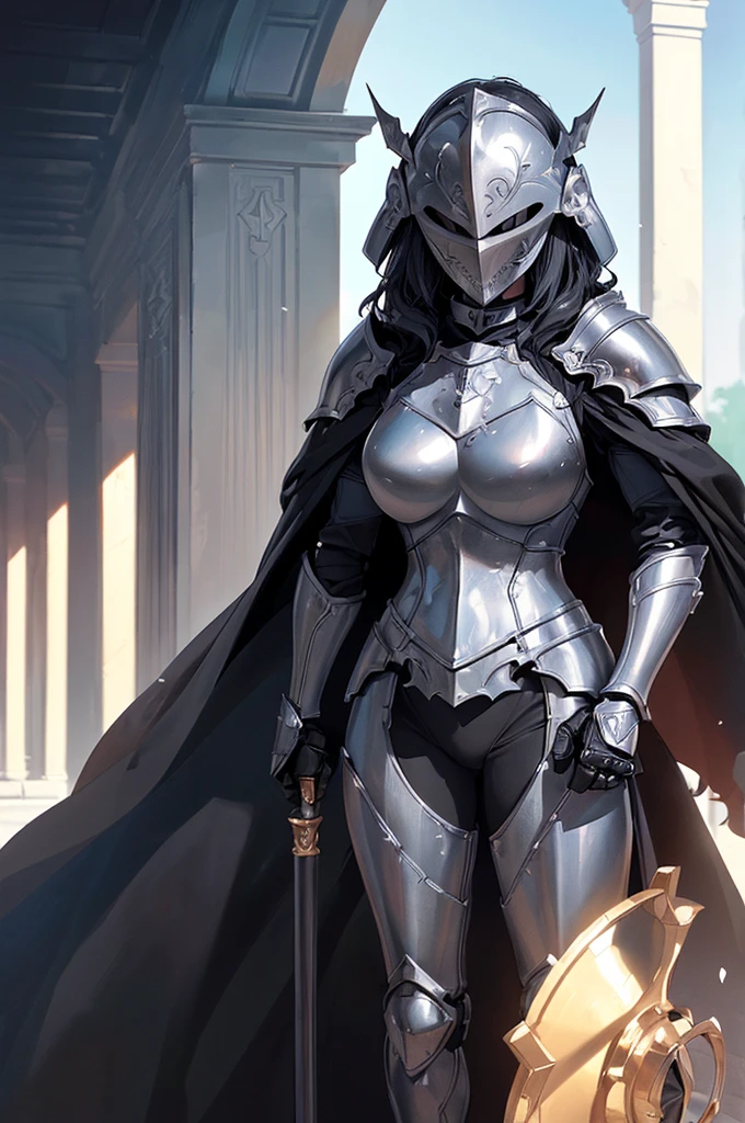 (masterpiece; best quality: 1.2), ((full armored knight woman)), ((solo)), (black eyes: 1.4), (body; toned, strong, femenine: 1.3), (beautiful and clear background: 1.2), ((depth of field)), (equipment: full plate full-black realistic armor + closed helmet with plume + black cape: 1.3), (anime illustration: 1.2), (background composition; garden exterior + furniture: 1.1), (extremely fine and beautiful: 1.1), (shot composition; standing + centered on torso + close-up: 1.5)