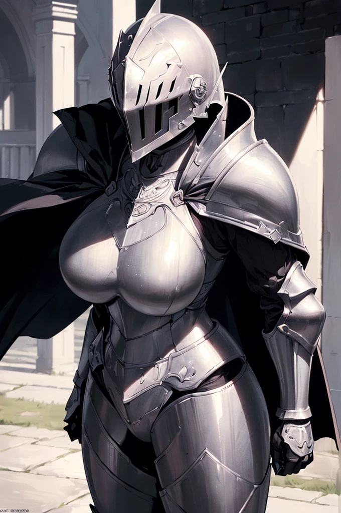 (masterpiece; best quality: 1.2), ((full armored knight woman)), ((solo)), (black eyes: 1.4), (body; toned, strong, femenine: 1.3), (beautiful and clear background: 1.2), ((depth of field)), (equipment: full plate full-black realistic armor + closed helmet with plume + black cape: 1.3), (anime illustration: 1.2), (background composition; garden exterior + furniture: 1.1), (extremely fine and beautiful: 1.1), (shot composition; standing + centered on torso + close-up: 1.5)