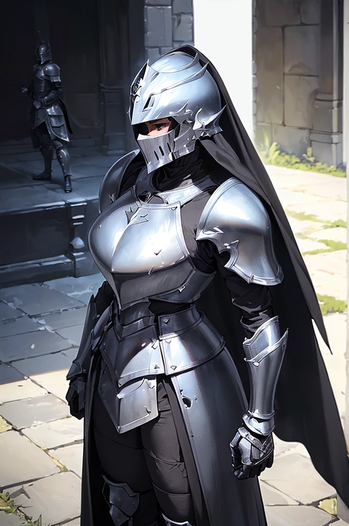 (masterpiece; best quality: 1.2), ((full armored knight woman)), ((solo)), (black eyes: 1.4), (body; toned, strong, femenine: 1.3), (beautiful and clear background: 1.2), ((depth of field)), (equipment: full plate full-black realistic armor + closed helmet with plume + black cape: 1.3), (anime illustration: 1.2), (background composition; garden exterior + furniture: 1.1), (extremely fine and beautiful: 1.1), (shot composition; standing + centered on torso + close-up: 1.5)