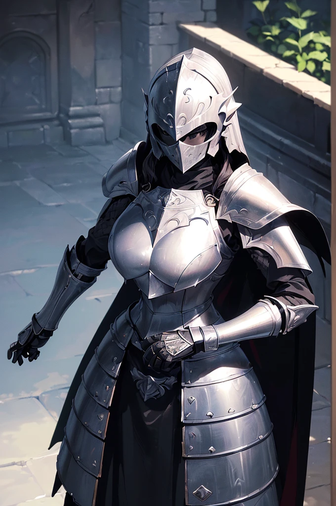 (masterpiece; best quality: 1.2), ((full armored knight woman)), ((solo)), (black eyes: 1.4), (body; toned, strong, femenine: 1.3), (beautiful and clear background: 1.2), ((depth of field)), (equipment: full plate full-black realistic armor + closed helmet with plume + black cape: 1.3), (anime illustration: 1.2), (background composition; garden exterior + furniture: 1.1), (extremely fine and beautiful: 1.1), (shot composition; standing + centered on torso + close-up: 1.5)