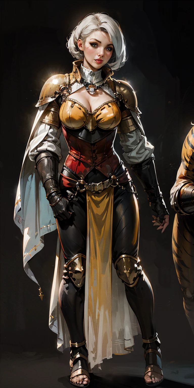 (Forest:Face:LORA)((BLACK BACKGROUND 1:2, masterpiece)) 1solo female full body MILF BIMBO standing straight symmetrical with two long thighs and two metal sandals, red eyes like rubies, eye focus looking to the viewer, silver white hair, short bob style hair, big knockers breastplate, breastplate, cleavage, tiara royal, long cape up to two feet, yellow bikini (yellow tiger stripes), lustful smirking smiling, smile face (red blushed, red cheeks), pauldrons metal shoulders, gold sleeveless bracelets, separate sleeves, hands on waist hands OR hips, golden bracers, metal handcuffs, leather corset, red loincloth, black leather choker slave collar, shackles bracelets, slave red crest under navel, navel, big belt around waist OR hips, feet together, metal ankle, two long thighs and two metal sandals