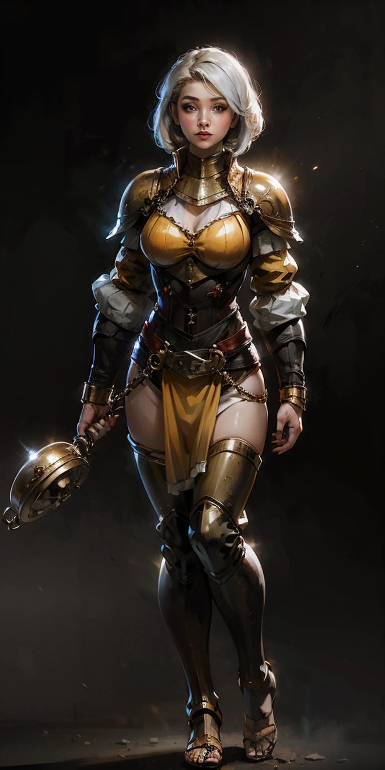 (masterpiece, best quality, 4k, 1girlsolo, 1MILF, mmplatz, smile, red cheeks, plain background:1.2) perfect face, perfect lighting, mature whsororitas with gloves red gauntlets in her hands like Cammy White from Street Fighter, bob white hair, warhammer 40k power armor suit with loincloth, red eyes like rubies, full body RED armor, view from below, looking to the viewer, arms to the sides empty hands, RED military boots, silver skull ornament attached to crossing 2 belt wide hips, 2 long legs