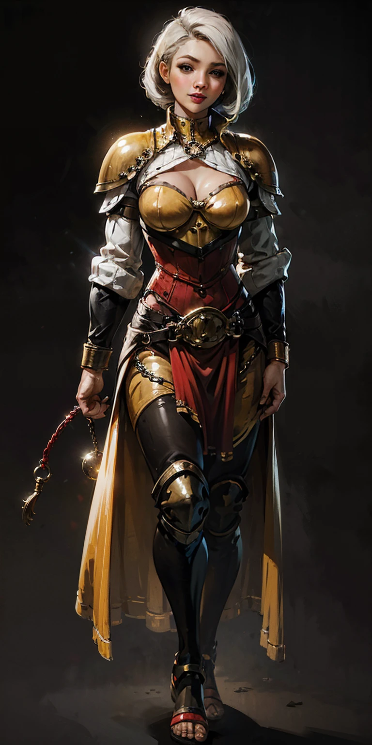 (Forest:Face:LORA)((BLACK BACKGROUND 1:2, masterpiece)) 1solo female full body MILF BIMBO standing straight symmetrical with two long thighs and two metal sandals, red eyes like rubies, eye focus looking to the viewer, silver white hair, short bob style hair, big knockers breastplate, breastplate, cleavage, tiara royal, long cape up to two feet, yellow bikini (yellow tiger stripes), lustful smirking smiling, smile face (red blushed, red cheeks), pauldrons metal shoulders, gold sleeveless bracelets, separate sleeves, hands on waist hands OR hips, golden bracers, metal handcuffs, leather corset, red loincloth, black leather choker slave collar, shackles bracelets, slave red crest under navel, navel, big belt around waist OR hips, feet together, metal ankle, two long thighs and two metal sandals