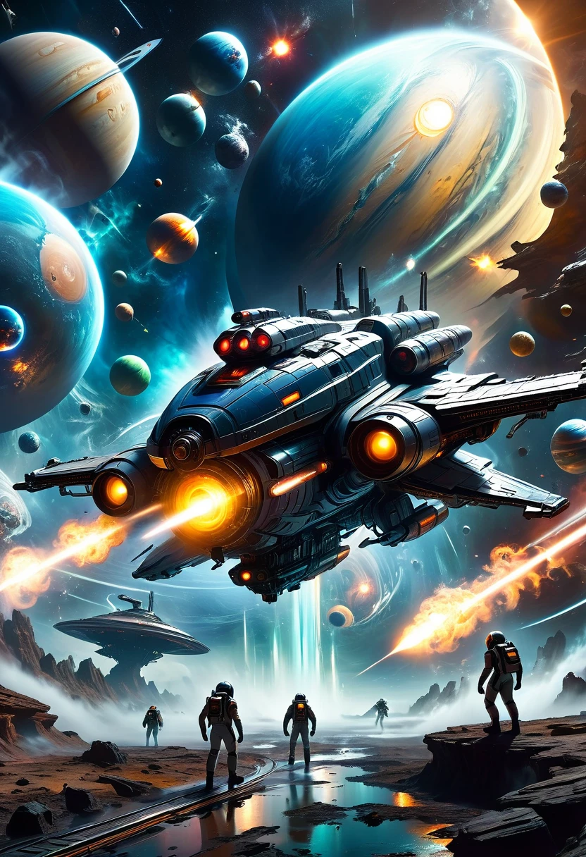 A dramatic futuristic space battle between astronauts and alien spacecraft, with massive planets, swirling cosmic energy, advanced alien technology, glowing spaceships, explosive action, dramatic lighting, complex mechanical designs, realistic textures, volumetric fog, cinematic camera angles, vivid color palette, and a sense of epic scale and grandeur