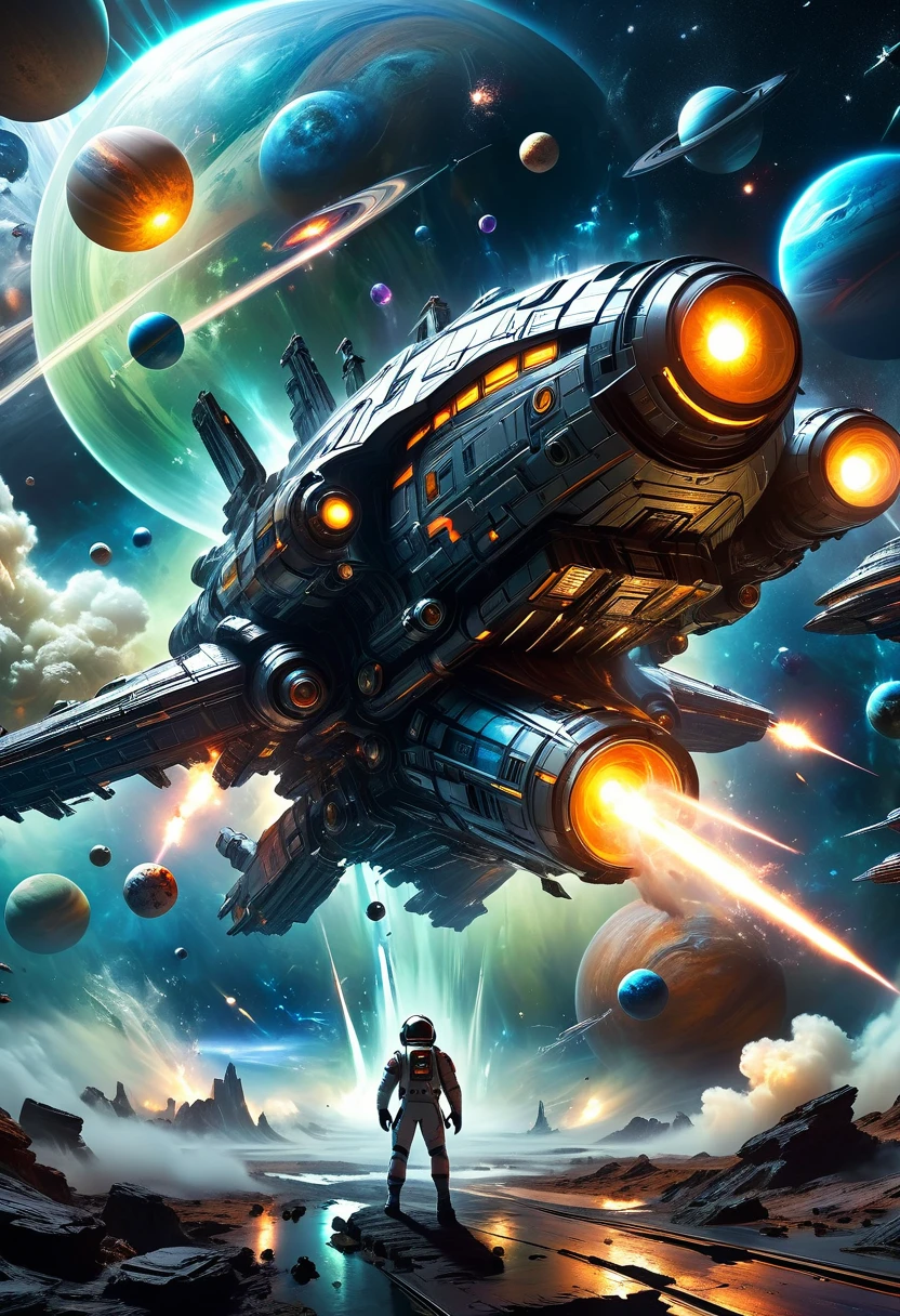 A dramatic futuristic space battle between astronauts and alien spacecraft, with massive planets, swirling cosmic energy, advanced alien technology, glowing spaceships, explosive action, dramatic lighting, complex mechanical designs, realistic textures, volumetric fog, cinematic camera angles, vivid color palette, and a sense of epic scale and grandeur