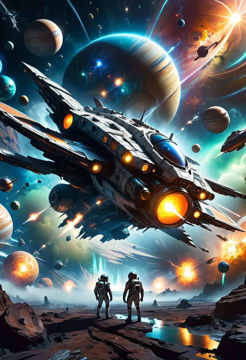 A dramatic futuristic space battle between astronauts and alien spacecraft, with massive planets, swirling cosmic energy, advanced alien technology, glowing spaceships, explosive action, dramatic lighting, complex mechanical designs, realistic textures, volumetric fog, cinematic camera angles, vivid color palette, and a sense of epic scale and grandeur