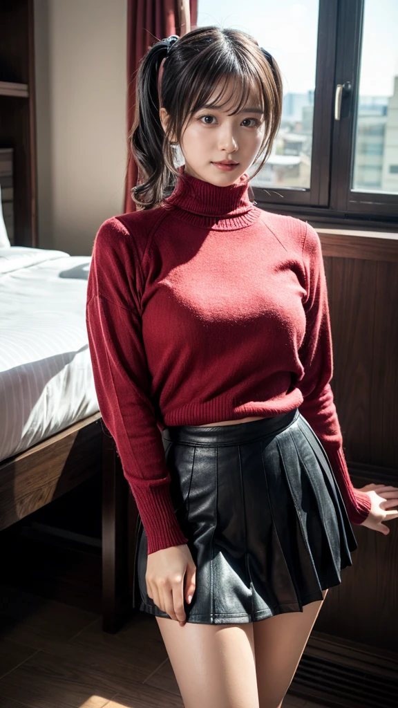 masterpiece, best quality, illustration, Super detailed, fine details, High resolution, 8K,wall paper, perfect dynamic composition,(Details High quality, realistic depiction of eyes:1.3), short hair, (wavy hair:1.2), Tight turtleneck pink sweater, pleated skirt, pony tail hair, huge breasts, plump body, black hair color, Big Natural Color Lip, bold sexy pose, crying a little、Harajuku style、20 year old girl、cute type、ta、beautiful legs, hotel room, full body photo、focus on crotch, hposing Gravure Idol, Sexy shot looking at camera, Sunset, by the window, Summer, knee sox, make up, Curve