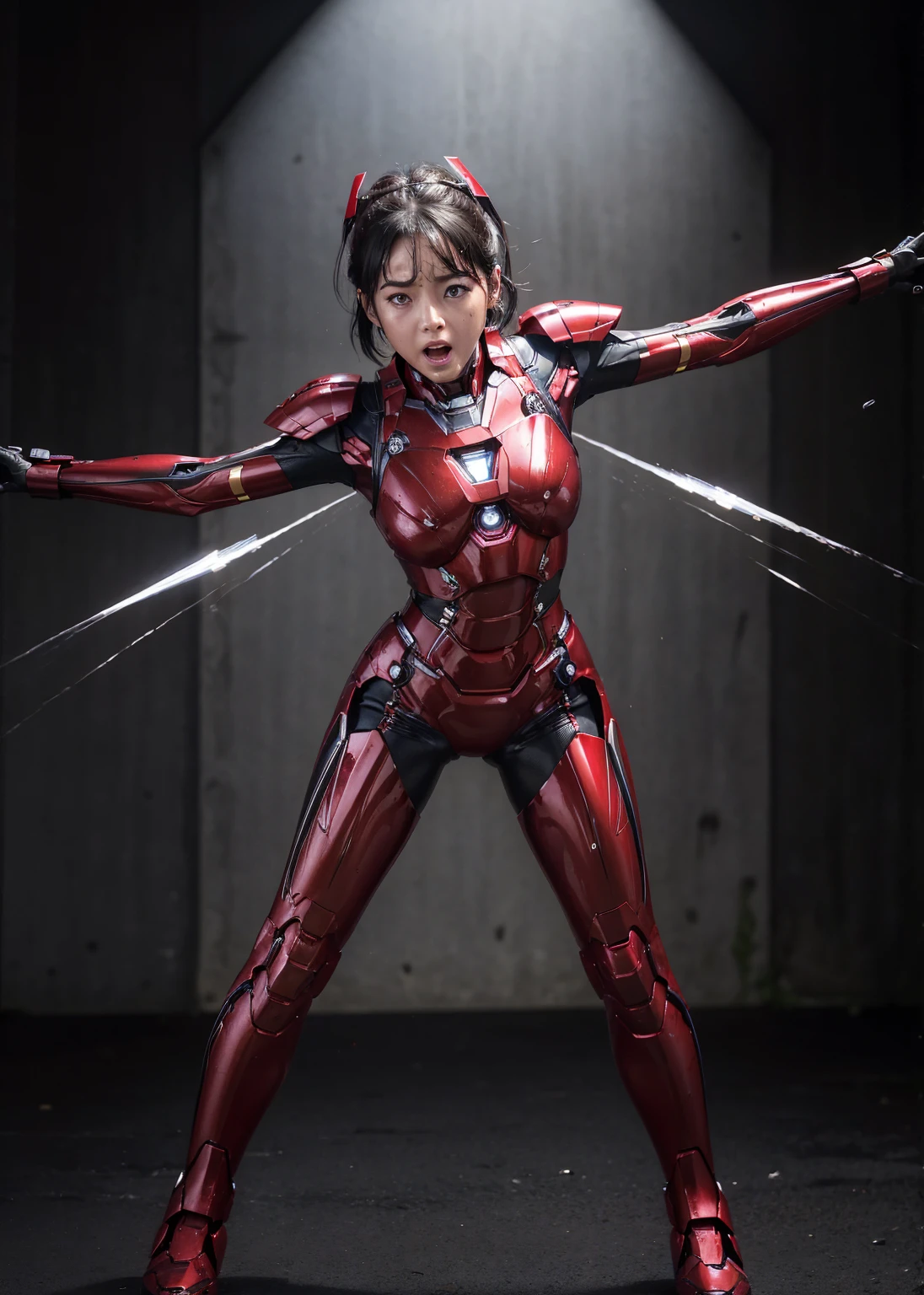 Female Iron Man(Red and Black)、shine、Shortcuts、Textured skin, Super detailed, Attention to detail, high quality, 最high quality, High resolution, 1080P, hard disk, beautiful,(Gundam),beautifulサイボーグ女性,Mecha Cyborg Girl,Battle Mode,Woman with a mechanical body,Full Body Shot、Visor of close-fitting headgear opens、I can see your true face　Painful expression　Expression of bitterness、Sweaty face、、Squint your eyes、、humid、Soaking wet、、Steam coming out of the head、Spread your legs、Embarrassed face、Open your mouth、Hold your face　Boyish black hair　Short-haired　Soaking wet　(Lie on your back with your arms and legs spread apart) (emergency) Steam rises from the whole body