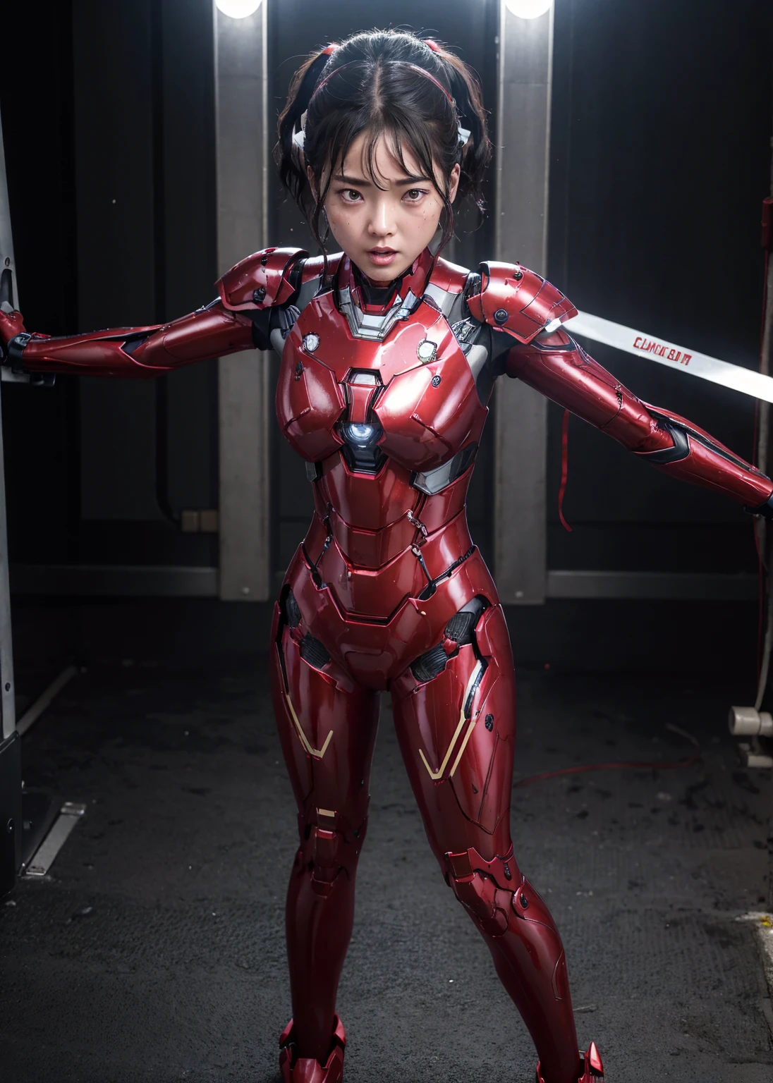 highest quality　8k red armor　Iron Man Suit　Middle-aged women　　Sweaty face　　short hair　　Steam coming out of my head　My hair is wet with sweat　Black Hair　((Falling to the ground))　Injury　Full body portrait　