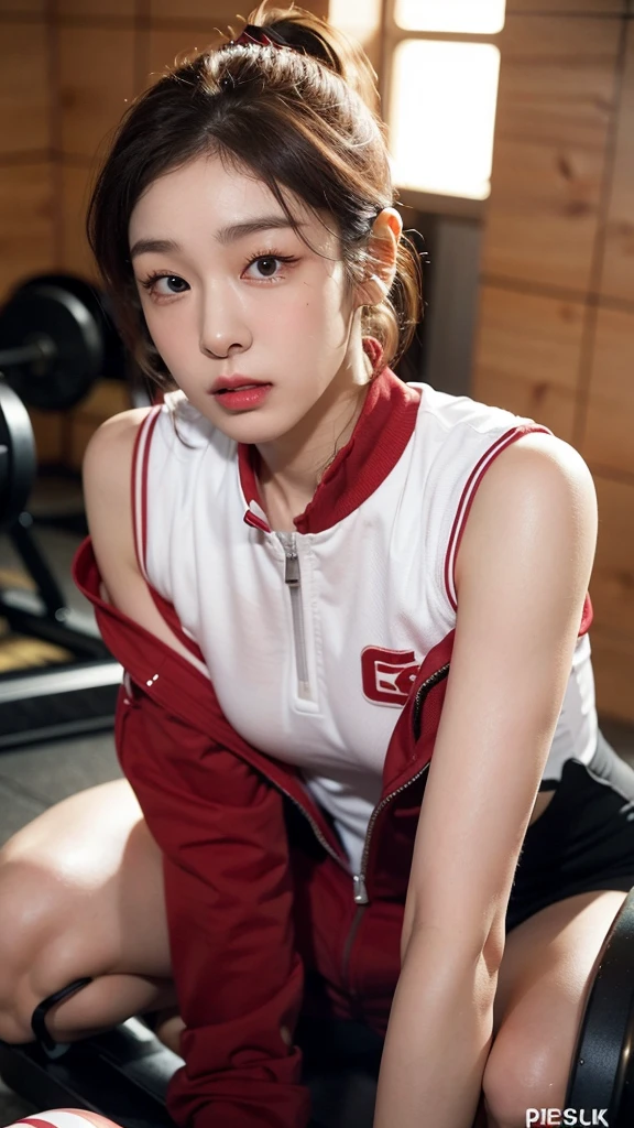 Highly detailed CG Unity 8K wallpapers,top Quority,Super detailed,tmasterpiece,realisticlying,photograph realistic,Very detailed cute girl,25 age old,musculature,Microabs,Round eyes,peeping at the viewer,Be red in the face,parted lip,Half-body shooting,
track suit , gym room,short hair
