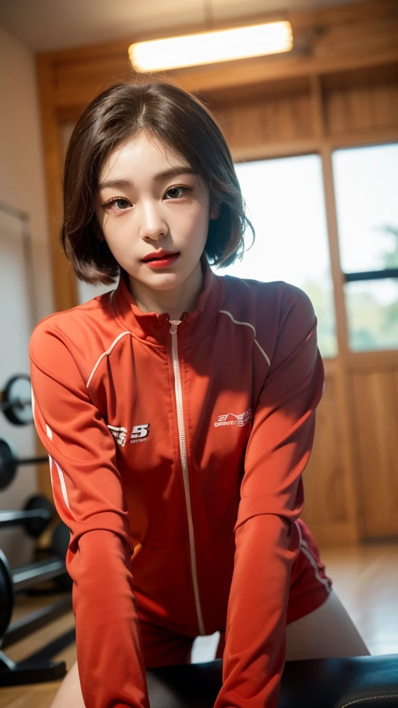 Highly detailed CG Unity 8K wallpapers,top Quority,Super detailed,tmasterpiece,realisticlying,photograph realistic,Very detailed cute girl,25 age old,musculature,Microabs,Round eyes,peeping at the viewer,Be red in the face,parted lip,Half-body shooting,
track suit , gym room,short hair