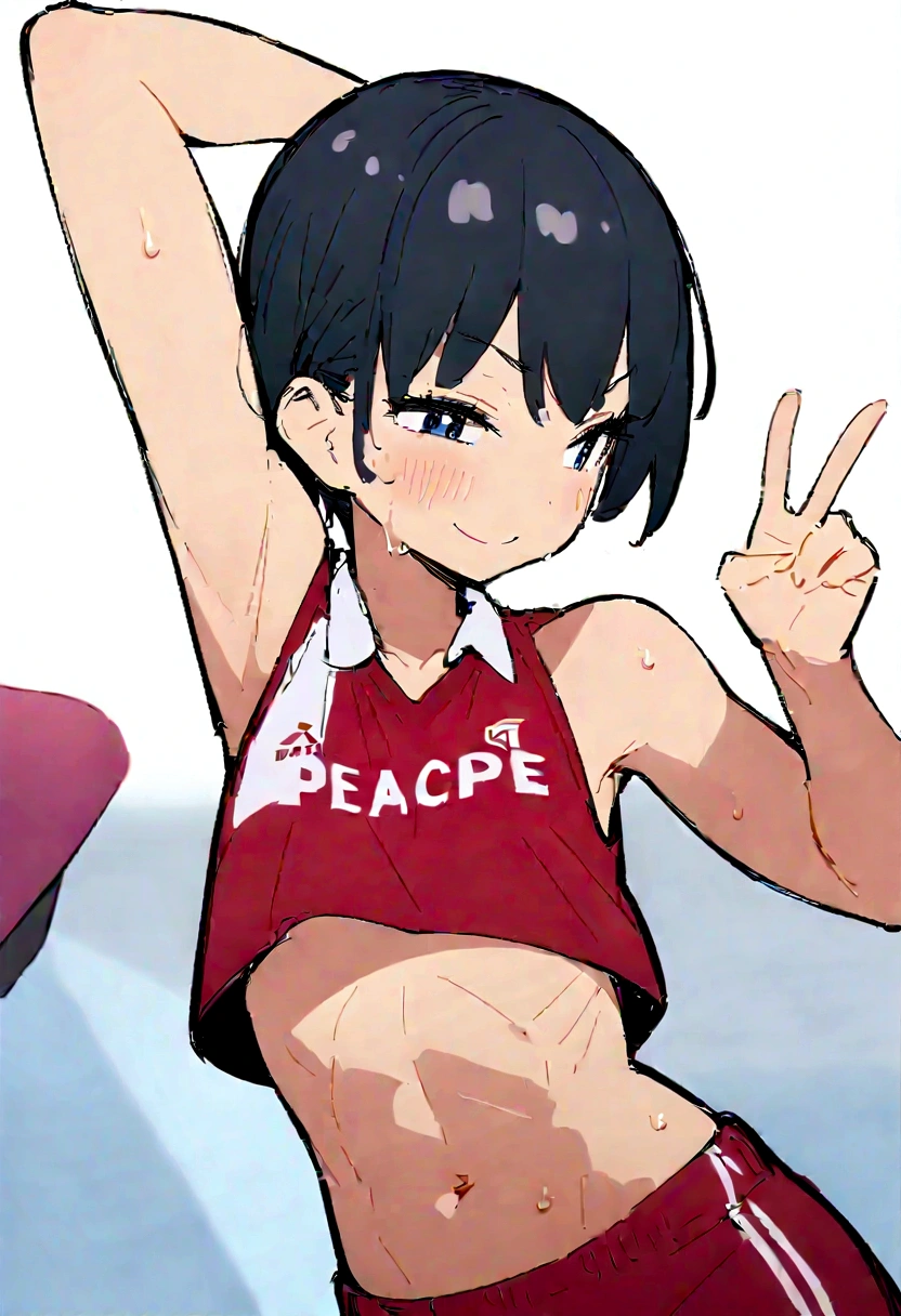 Anime Girls、Toned Abs、Black-haired、happiness、smile、detailed、Highest quality、masterpiece、Short top、Track and field uniform、Sportswear、peace sign、Sweaty