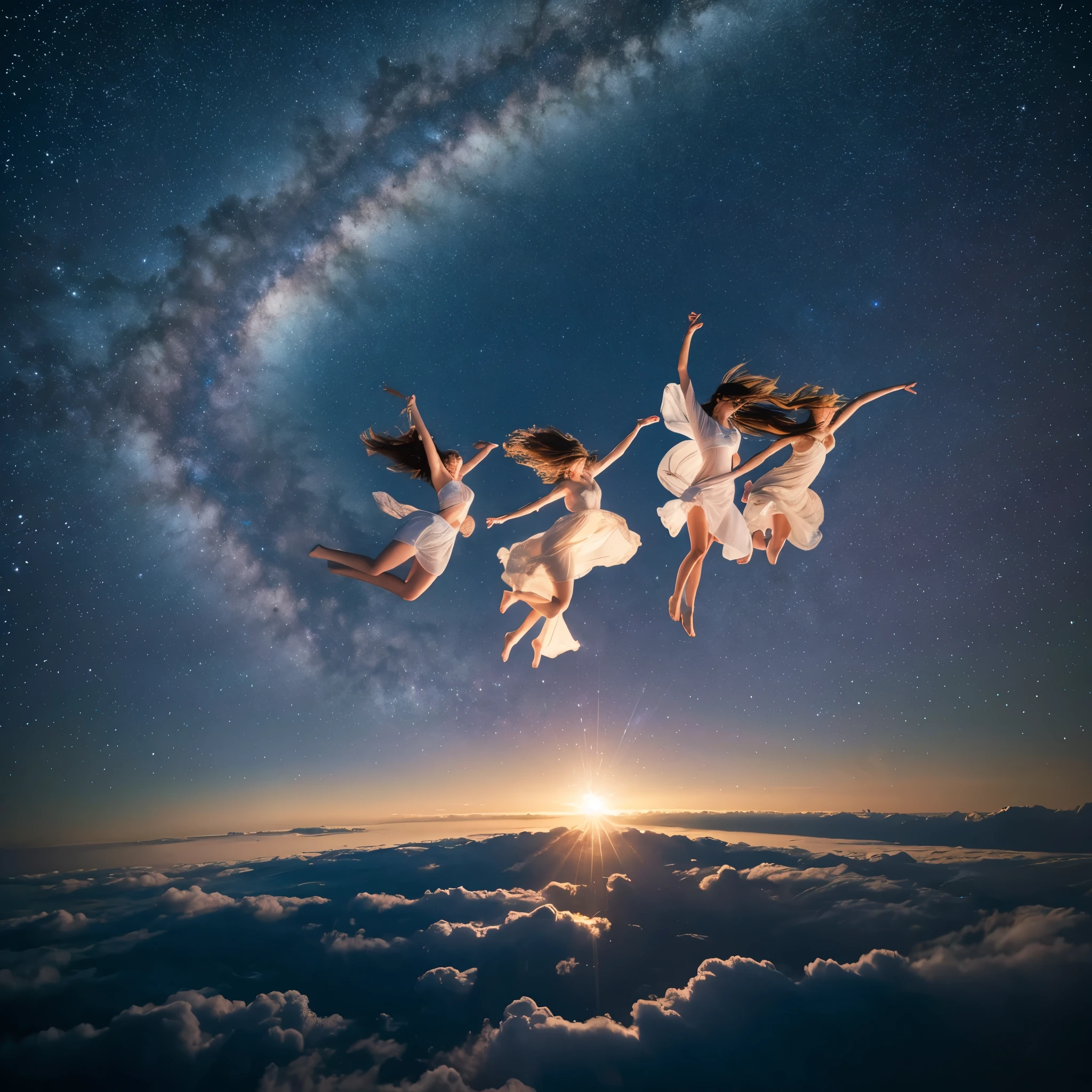 "A celestial landscape featuring three lovely, beautiful women floating gracefully. The scene is dreamy and serene, with light trails and star effects creating a heavenly atmosphere. The women seem weightless, their movements fluid and serene.