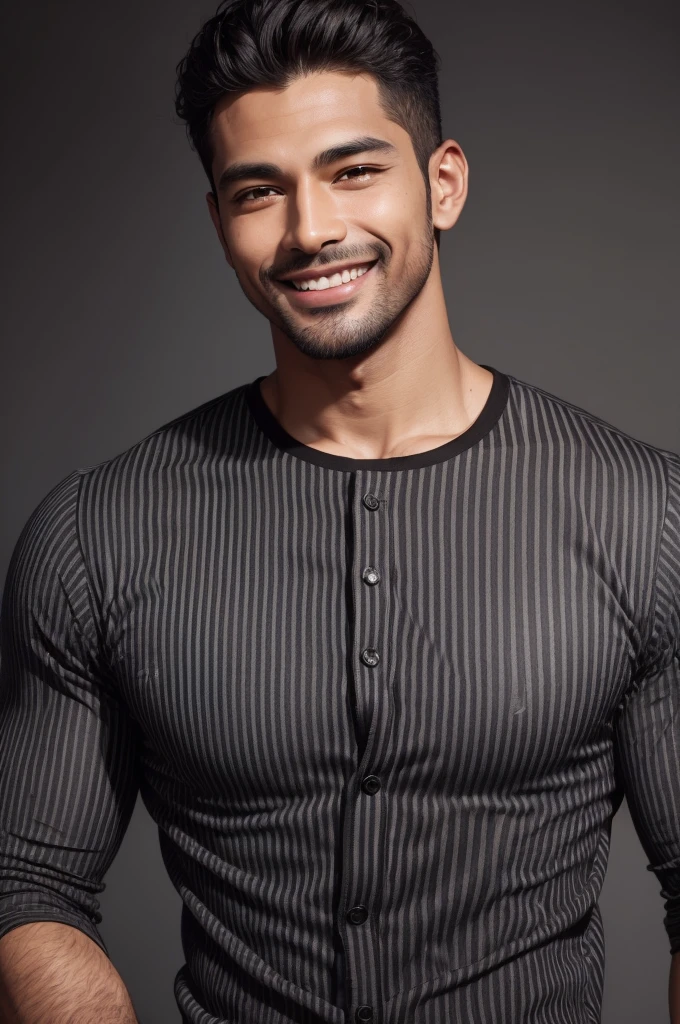 ((best qualityer)), ((work of art)), (detailded), handsome man, brown skin, stunning smile, dark gray and black striped shirt, Buddhist Cord
