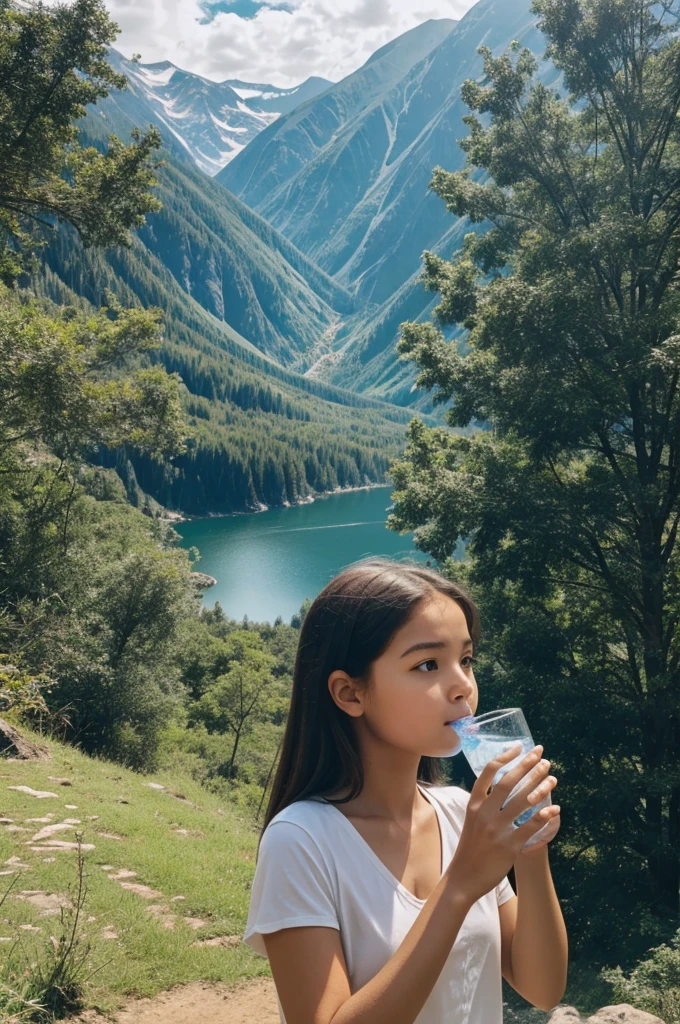 A girl watching a landscape while drinking water