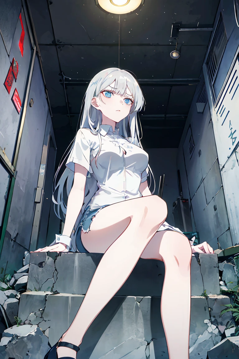 (masterpiece, Best quality, absurd), 1 girl, white hair, long hair, straight hair, blunt bangs, light blue eyes, big breasts, aesthetic waist, pale skin, white shirt, short jeans and silver heels, beautiful face, face angry, full length, in a dark abandoned building without lights and destroyed, masterpiece, at night, pointing finger at me, sitting on a wooden platform, ruka, view from below, the sole of the shoe is visible, his foot is glued to the camera