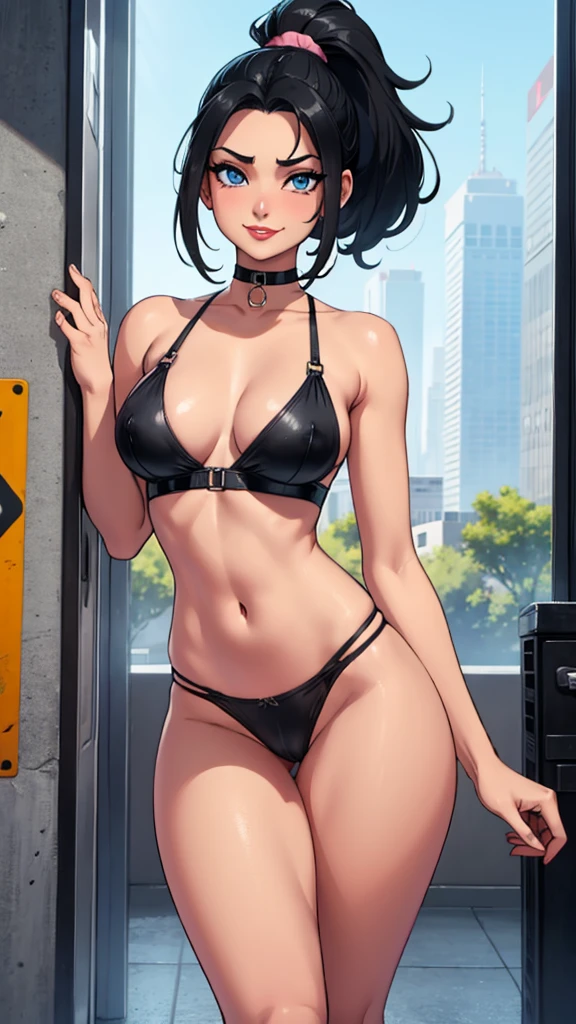 Black hair girl with a ponytail, standing looking at the ground with an air of superiority. She has small breasts and is wearing transparent pink panties and her breasts are bare.. muscular girl, naughty smile. detailded, beautiful face, blue colored eyes. bottom to top. crotch focus. Cunt scoring. Wet pussy. delicious. Red lips. choker. thick-thighs.